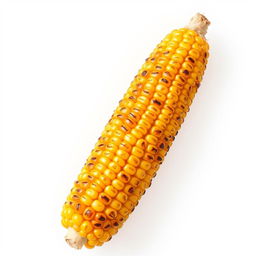 A full view of roasted corn on the cob displayed prominently against a clean white background