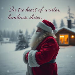Santa Claus standing alone in a snowy landscape, looking contemplatively at the horizon with a soft smile, surrounded by gentle falling snowflakes