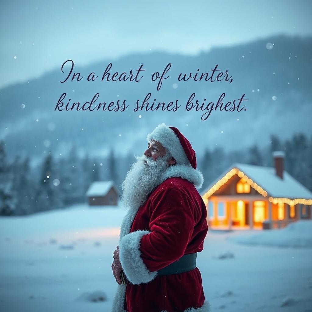 Santa Claus standing alone in a snowy landscape, looking contemplatively at the horizon with a soft smile, surrounded by gentle falling snowflakes