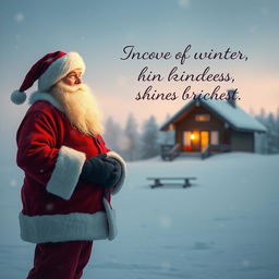 Santa Claus standing alone in a snowy landscape, looking contemplatively at the horizon with a soft smile, surrounded by gentle falling snowflakes