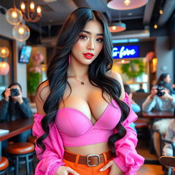 A beautiful South Korean social media influencer (selebgram) with large breasts, radiating confidence and charm