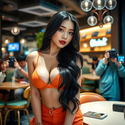 A beautiful South Korean social media influencer (selebgram) with large breasts, radiating confidence and charm