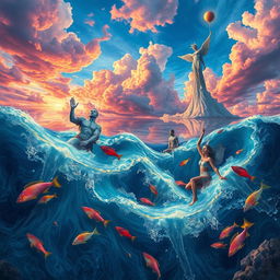A vibrant ocean reflecting surreal and intense colored skies, where fantastic creatures swim gracefully