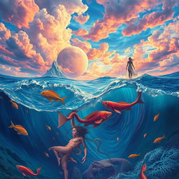 A vibrant ocean reflecting surreal and intense colored skies, where fantastic creatures swim gracefully