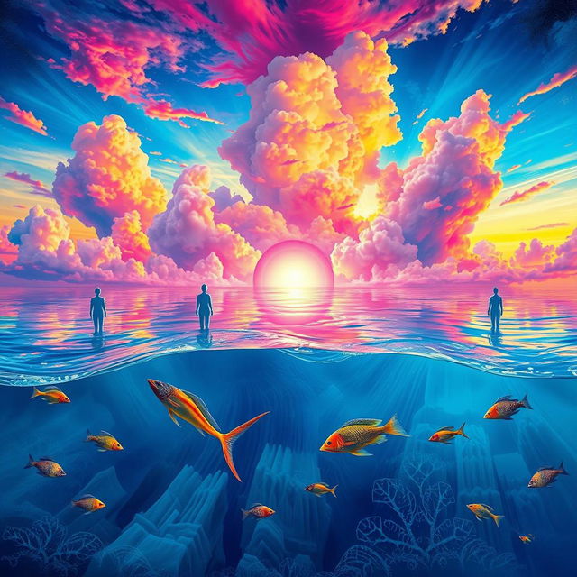 A vibrant ocean reflecting surreal and intense colored skies, where fantastic creatures swim gracefully