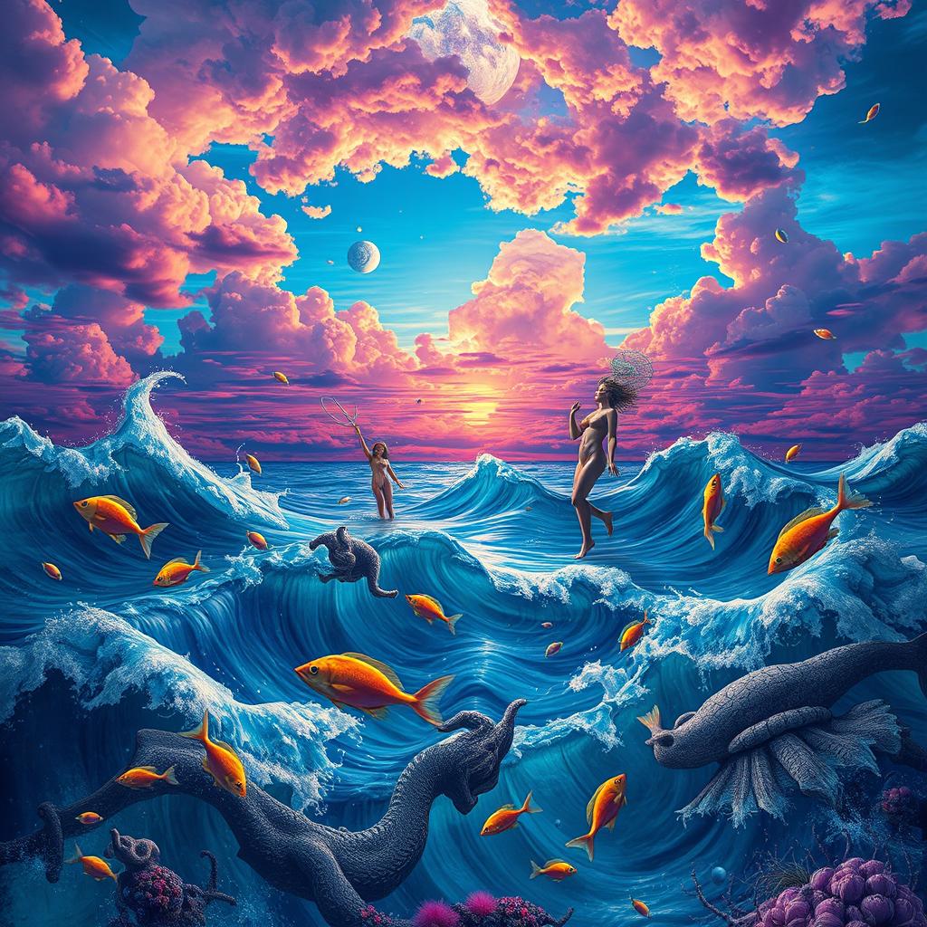 A vibrant ocean reflecting surreal and intense colored skies, where fantastic creatures swim gracefully