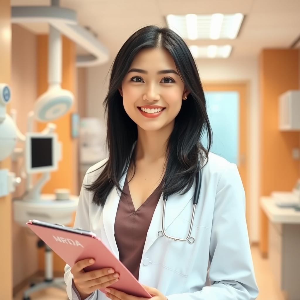 A beautiful South Korean female doctor with large breasts, radiating professionalism and charm