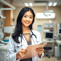 A beautiful South Korean female doctor with large breasts, radiating professionalism and charm