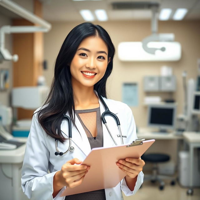 A beautiful South Korean female doctor with large breasts, radiating professionalism and charm