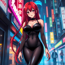 A sexy anime girl with long, flowing red hair that dramatically frames her face and cascades down her back