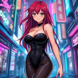 A sexy anime girl with long, flowing red hair that dramatically frames her face and cascades down her back