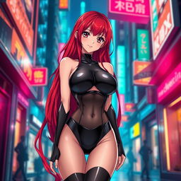 A sexy anime girl with long, flowing red hair that dramatically frames her face and cascades down her back