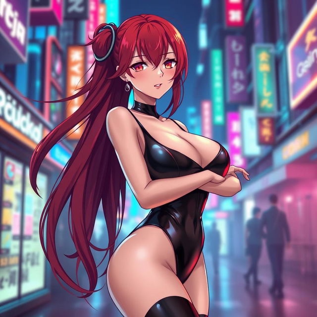 A sexy anime girl with long, flowing red hair that dramatically frames her face and cascades down her back