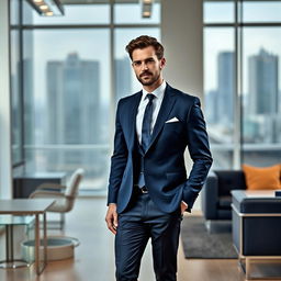 A stylish man wearing a navy blue blazer paired with formal pants