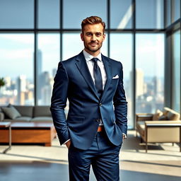 A stylish man wearing a navy blue blazer paired with formal pants
