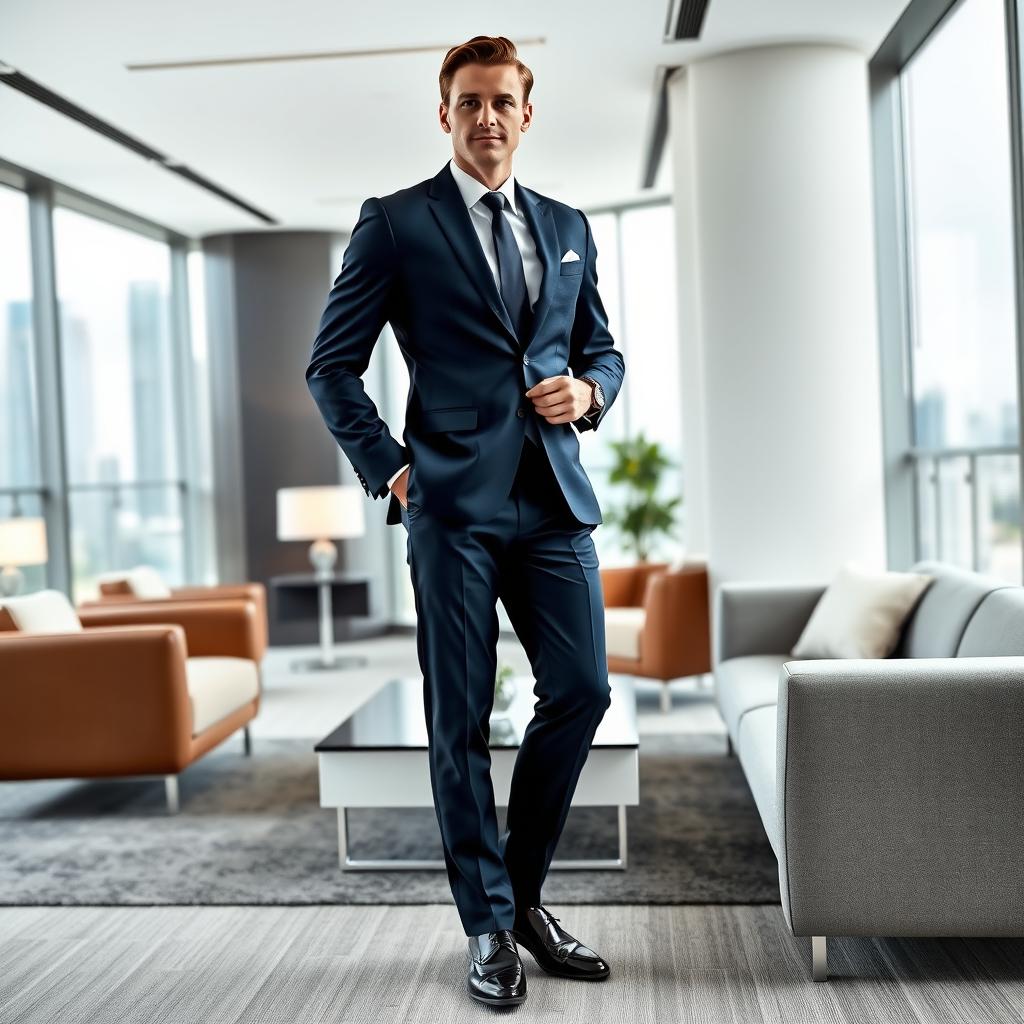 A stylish man wearing a navy blue blazer paired with formal pants