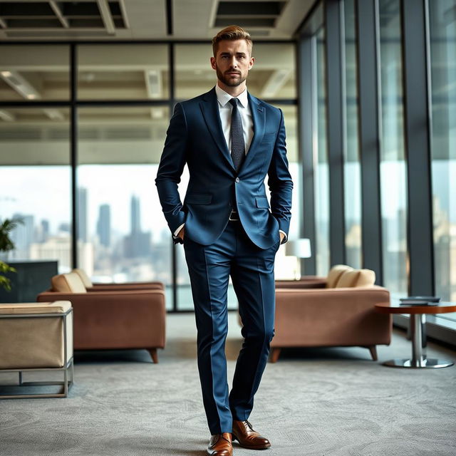 A stylish man wearing a navy blue blazer paired with formal pants