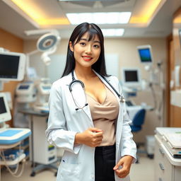 A beautiful South Korean female doctor with large breasts, exuding a playful and confident charm