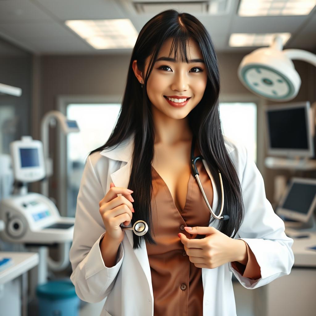 A beautiful South Korean female doctor with large breasts, exuding a playful and confident charm