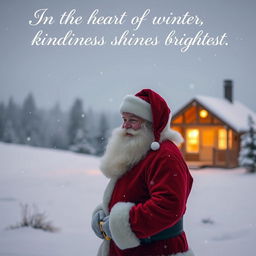 Santa Claus standing alone in a snowy landscape, looking contemplatively at the horizon with a soft smile, surrounded by gentle falling snowflakes