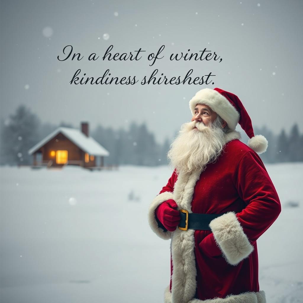 Santa Claus standing alone in a snowy landscape, looking contemplatively at the horizon with a soft smile, surrounded by gentle falling snowflakes