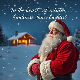 Santa Claus standing alone in a snowy landscape, looking contemplatively at the horizon with a soft smile, surrounded by gentle falling snowflakes