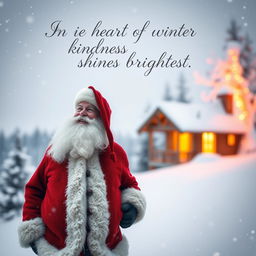 Santa Claus standing alone in a snowy landscape, looking contemplatively at the horizon with a soft smile, surrounded by gentle falling snowflakes