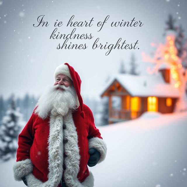 Santa Claus standing alone in a snowy landscape, looking contemplatively at the horizon with a soft smile, surrounded by gentle falling snowflakes