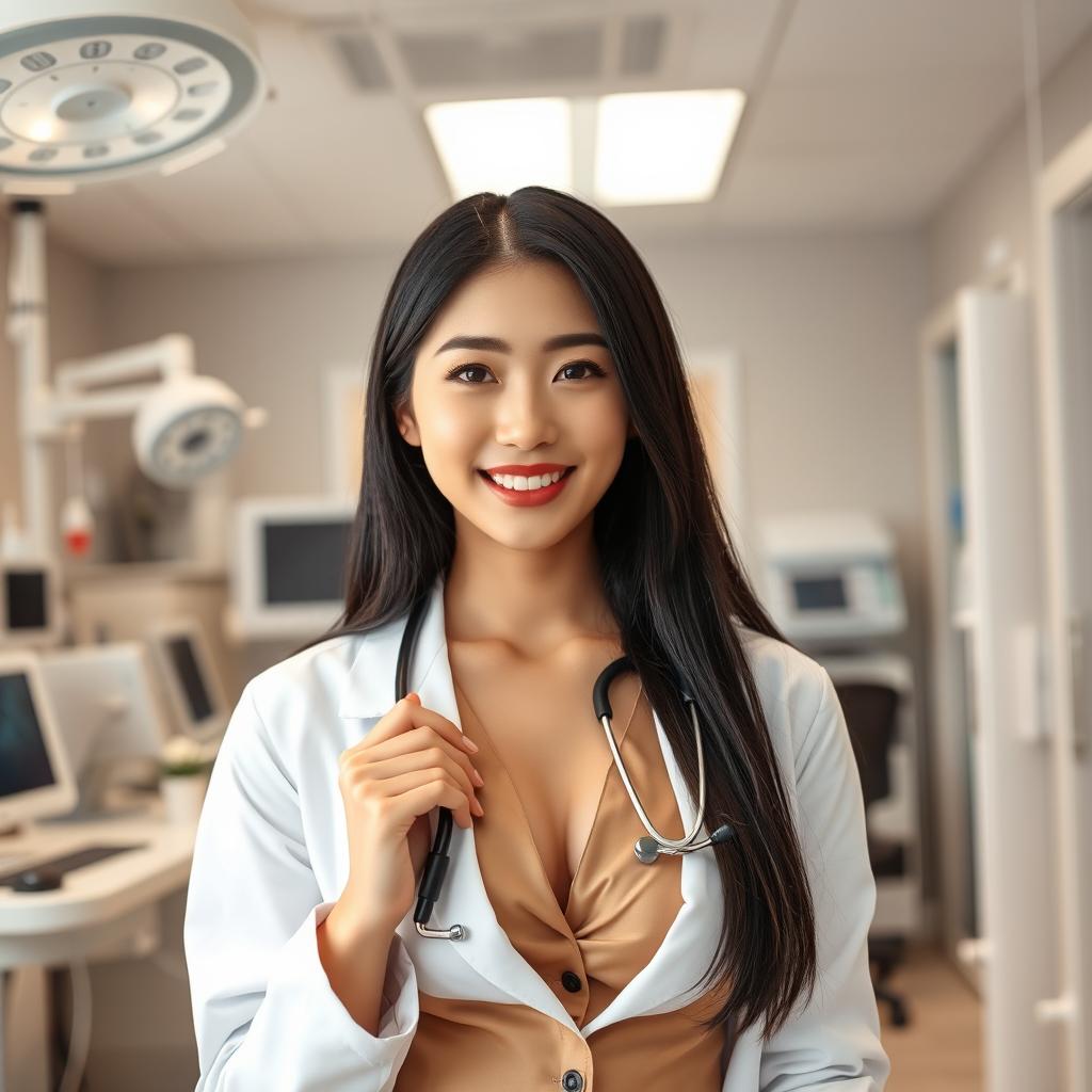 A beautiful South Korean female doctor with large breasts, exuding a playful and confident charm