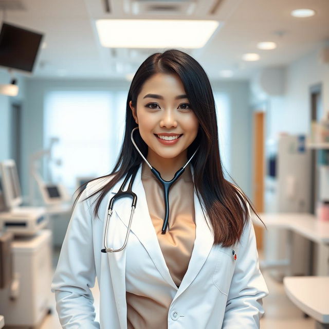 A beautiful South Korean female doctor with large breasts, exuding a playful and confident charm