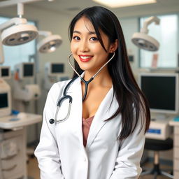 A beautiful South Korean female doctor with large breasts, exuding a playful and confident charm