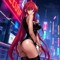 A sexy anime girl with long, flowing red hair that dramatically cascades down her back, featuring huge breasts that enhance her alluring silhouette