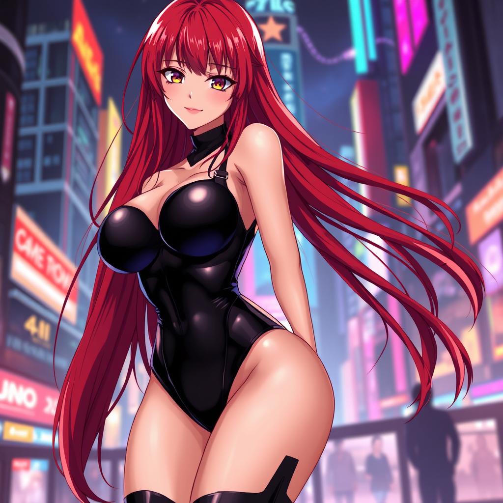 A sexy anime girl with long, flowing red hair that dramatically cascades down her back, featuring huge breasts that enhance her alluring silhouette