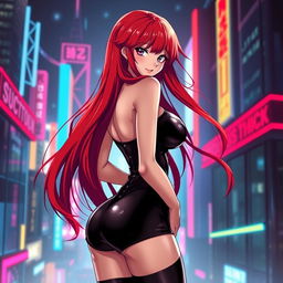 A sexy anime girl with long, flowing red hair that dramatically cascades down her back, featuring huge breasts that enhance her alluring silhouette