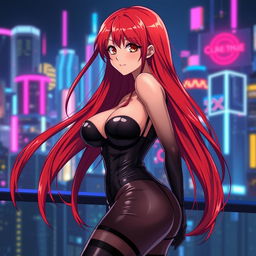 A sexy anime girl with long, flowing red hair that dramatically cascades down her back, featuring huge breasts that enhance her alluring silhouette