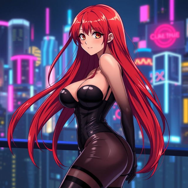 A sexy anime girl with long, flowing red hair that dramatically cascades down her back, featuring huge breasts that enhance her alluring silhouette