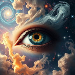 A surrealistic image featuring a giant, vibrant eye in the center of the composition, surrounded by a cosmic backdrop filled with swirling galaxies, bright stars, and nebulae