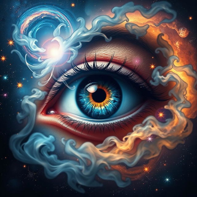 A surrealistic image featuring a giant, vibrant eye in the center of the composition, surrounded by a cosmic backdrop filled with swirling galaxies, bright stars, and nebulae