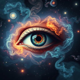 A surrealistic image featuring a giant, vibrant eye in the center of the composition, surrounded by a cosmic backdrop filled with swirling galaxies, bright stars, and nebulae