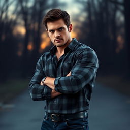 A strong, dark-haired man inspired by the appearance of Dean Winchester from Supernatural