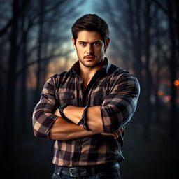 A strong, dark-haired man inspired by the appearance of Dean Winchester from Supernatural
