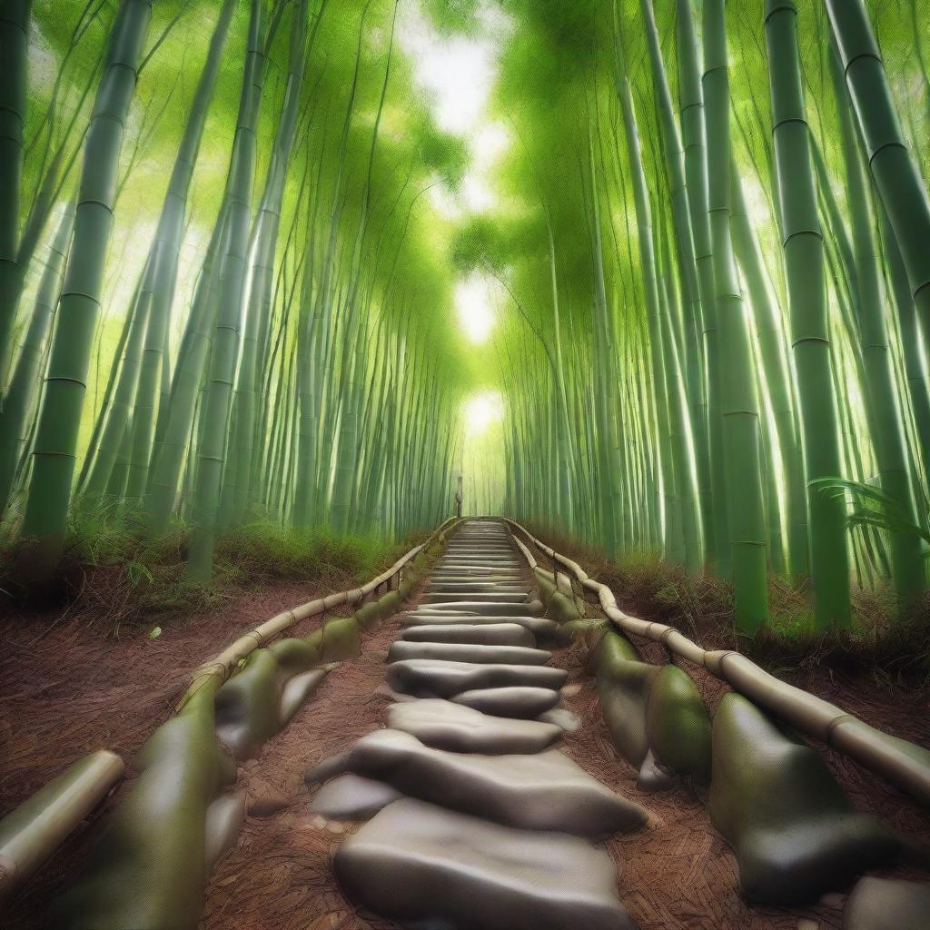 An incredibly realistic, high-quality photograph that perfectly captures a first-person perspective of a white stone stepped path descending down a mountain trail