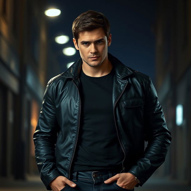 A strong, dark-haired man inspired by the appearance of Dean Winchester from Supernatural, wearing a black leather jacket over a fitted black shirt and dark jeans