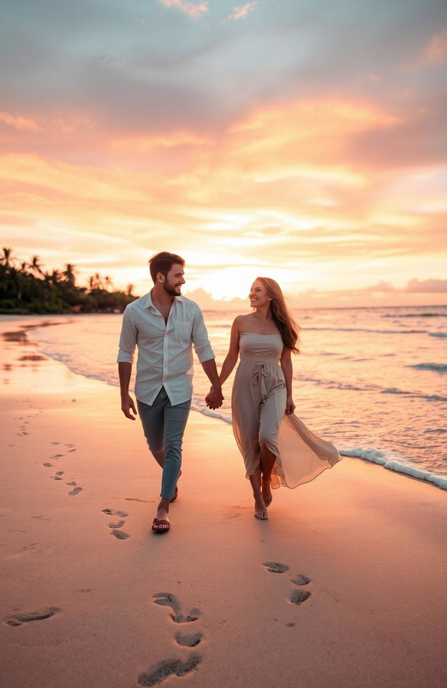 A romantic scene set on a beautiful beach during sunset, with a couple holding hands and walking along the shore