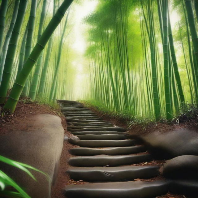 An incredibly realistic, high-quality photograph that perfectly captures a first-person perspective of a white stone stepped path descending down a mountain trail