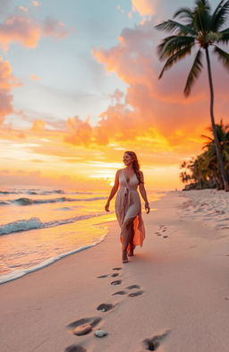 A romantic scene set on a beautiful beach during sunset, with a couple holding hands and walking along the shore