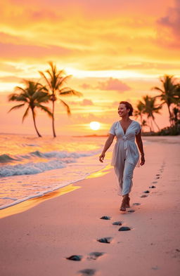 A romantic scene set on a beautiful beach during sunset, with a couple holding hands and walking along the shore