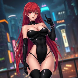 A sexy anime girl with long, flowing red hair that cascades down her back, accentuating her large breasts that enhance her seductive appearance