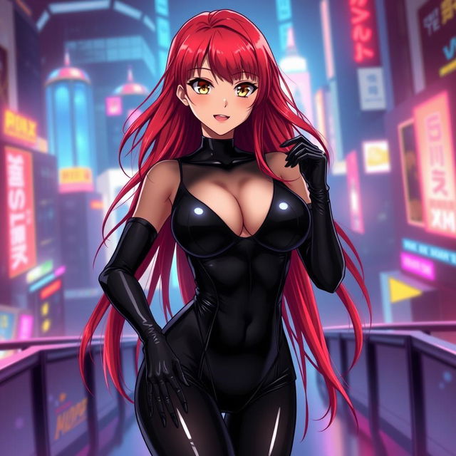 A sexy anime girl with long, flowing red hair that cascades down her back, accentuating her large breasts that enhance her seductive appearance