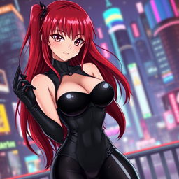A sexy anime girl with long, flowing red hair that cascades down her back, accentuating her large breasts that enhance her seductive appearance
